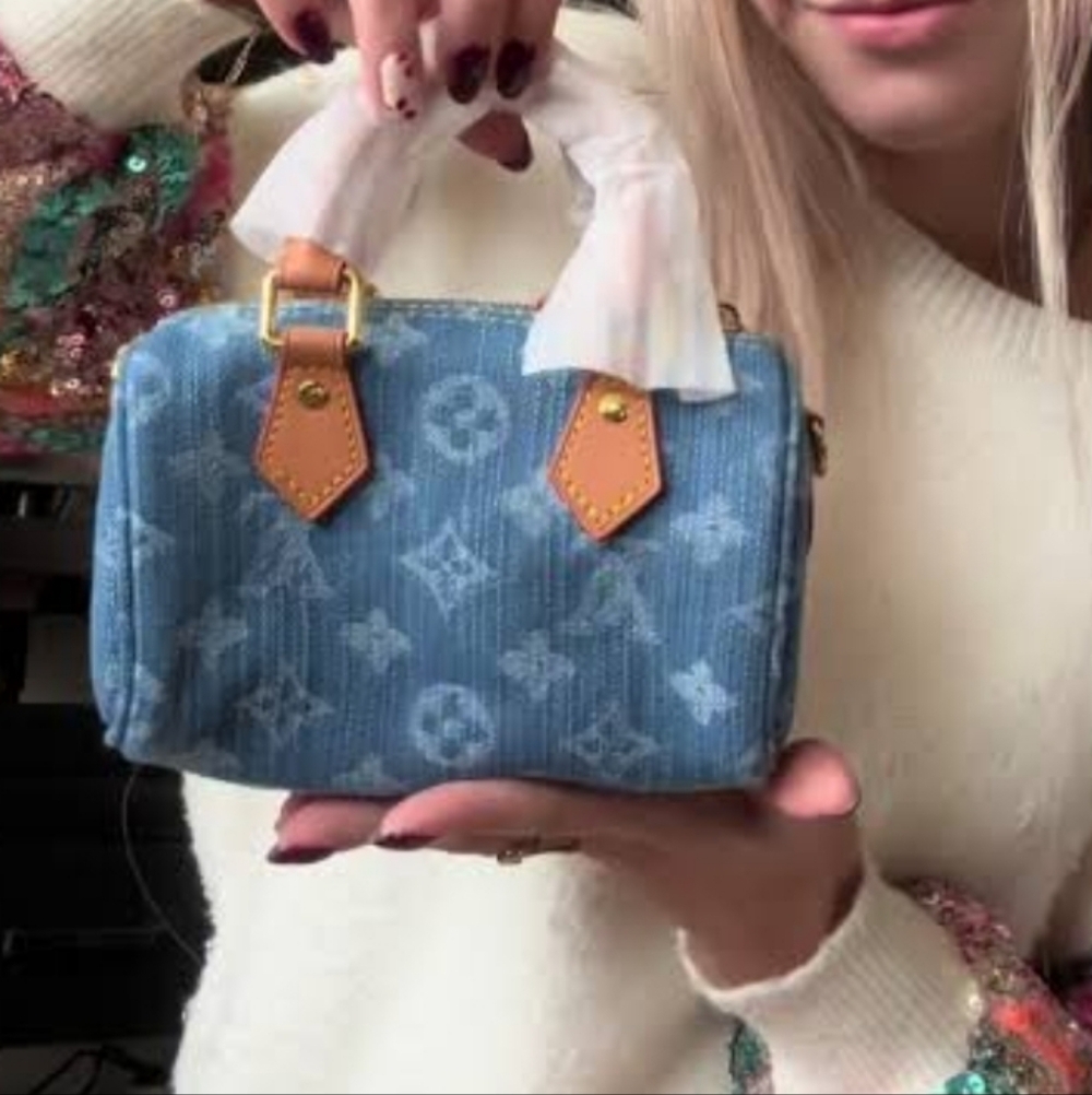Blue Denim Monogram Micro Mini Bag with Tan Leather Trim - Picture 13 of 14